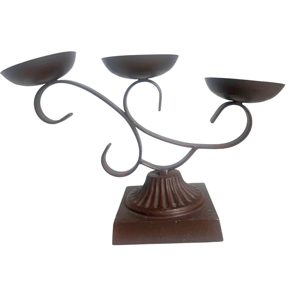 MCM Rustic Metal Pillar 3 Tiered Candle Holder Swirled‎ Design Square Base